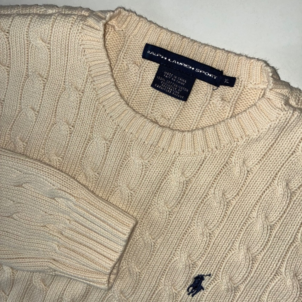 Ralph Lauren Sport Women XL Cable Knit Sweater Cream Cotton Pony Logo Pullover